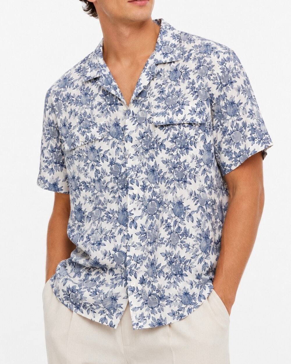 Abercrombie & Fitch Relaxed Blue Pomegranate Print Button Up Camp Shirt XL